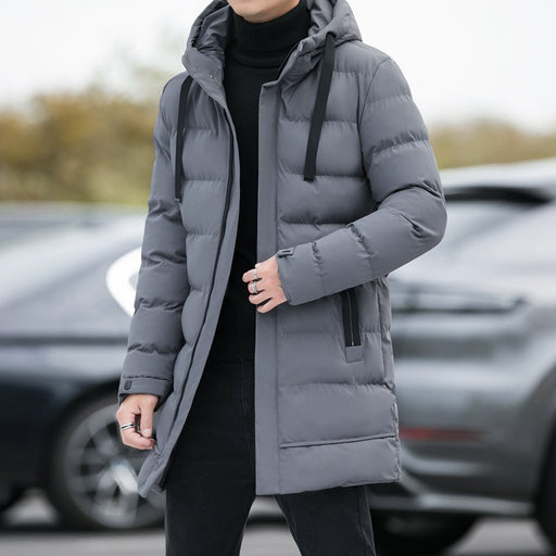Long Hooded Jacket Men Winter Warm Windproof Coat Fashion Solid Color Clothes Outdoor - Mithdizonee