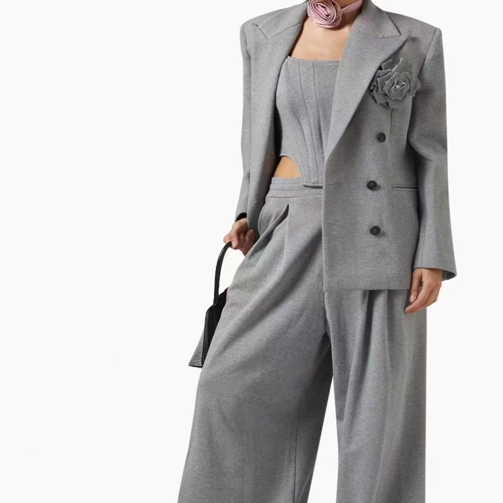 Fall Winter Fashion Suit Three-dimensional Flower Brooch Suit Jacket Fishbone Vest Pleated Wide Leg Trousers - Mithdizonee