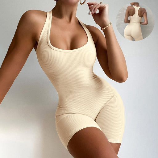 Sleeveless Backless Jumpsuit Colid Color Fitness Sports Yoga Leggings Shorts Bodysuits Women Slim Yoga One Piece Rompers - Mithdizonee