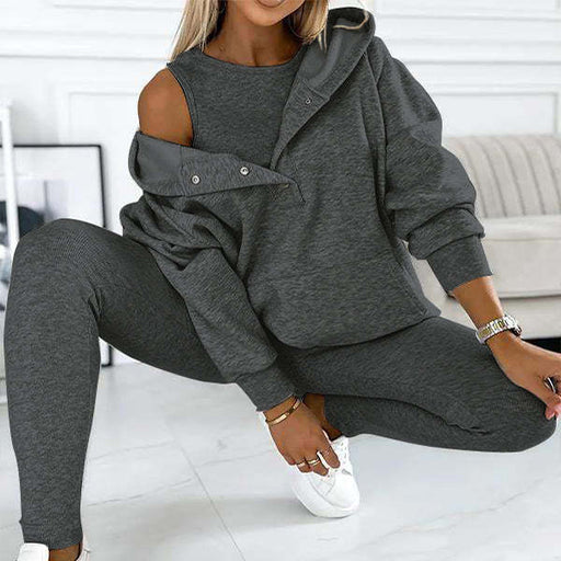 3pcs Women's Sports Suit Loose Hooded Pockets Sweatshirt And Vest And Slim Trousers - Mithdizonee